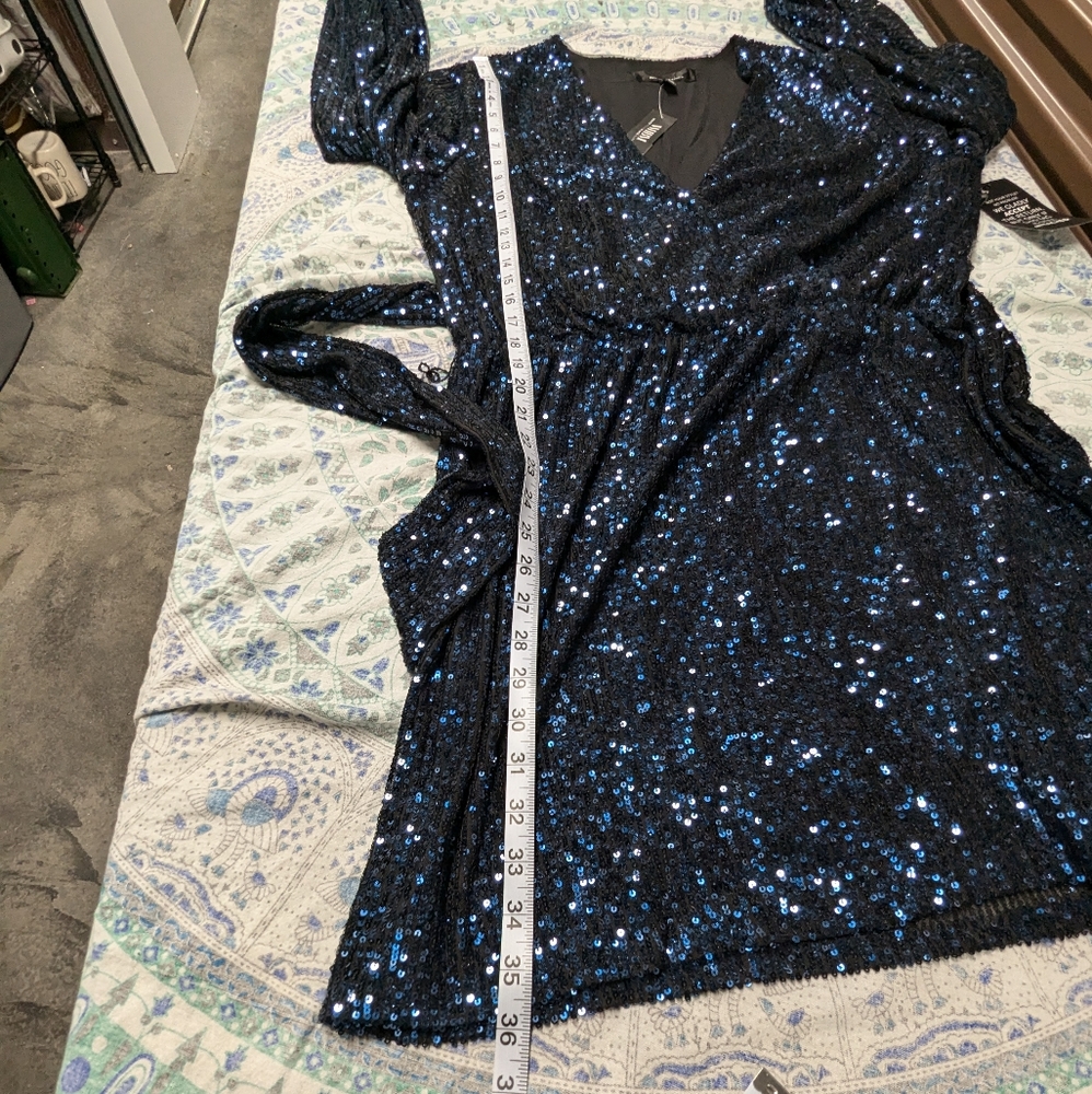Old Hollywood Glam Blue Sequin Cocktail Party Long Sleeve Blouson Mini Dress - Picture 11 of 12